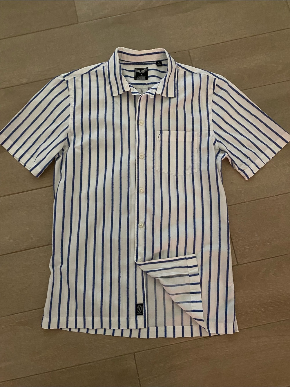 Todd Snyder White Shirt with Blue Vertical Stripes - Casual Short Sleeve